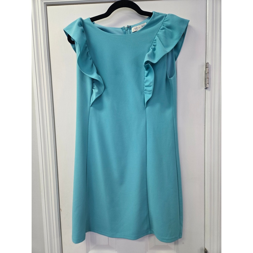 She + Sky Turquoise Blue Ruffle Sleeveless Shift Mini Dress Large L Coastal
